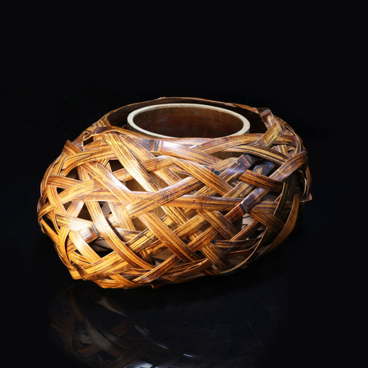 Japanese Bamboo Flower Basket by Soho, Signed, with Inner Vessel, Ikebana