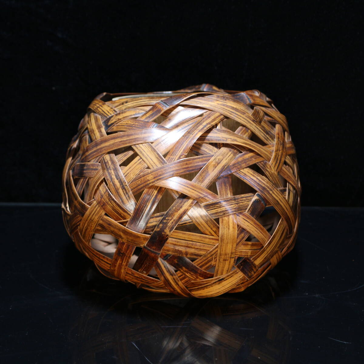 Japanese Bamboo Flower Basket by Soho, Signed, with Inner Vessel, Ikebana