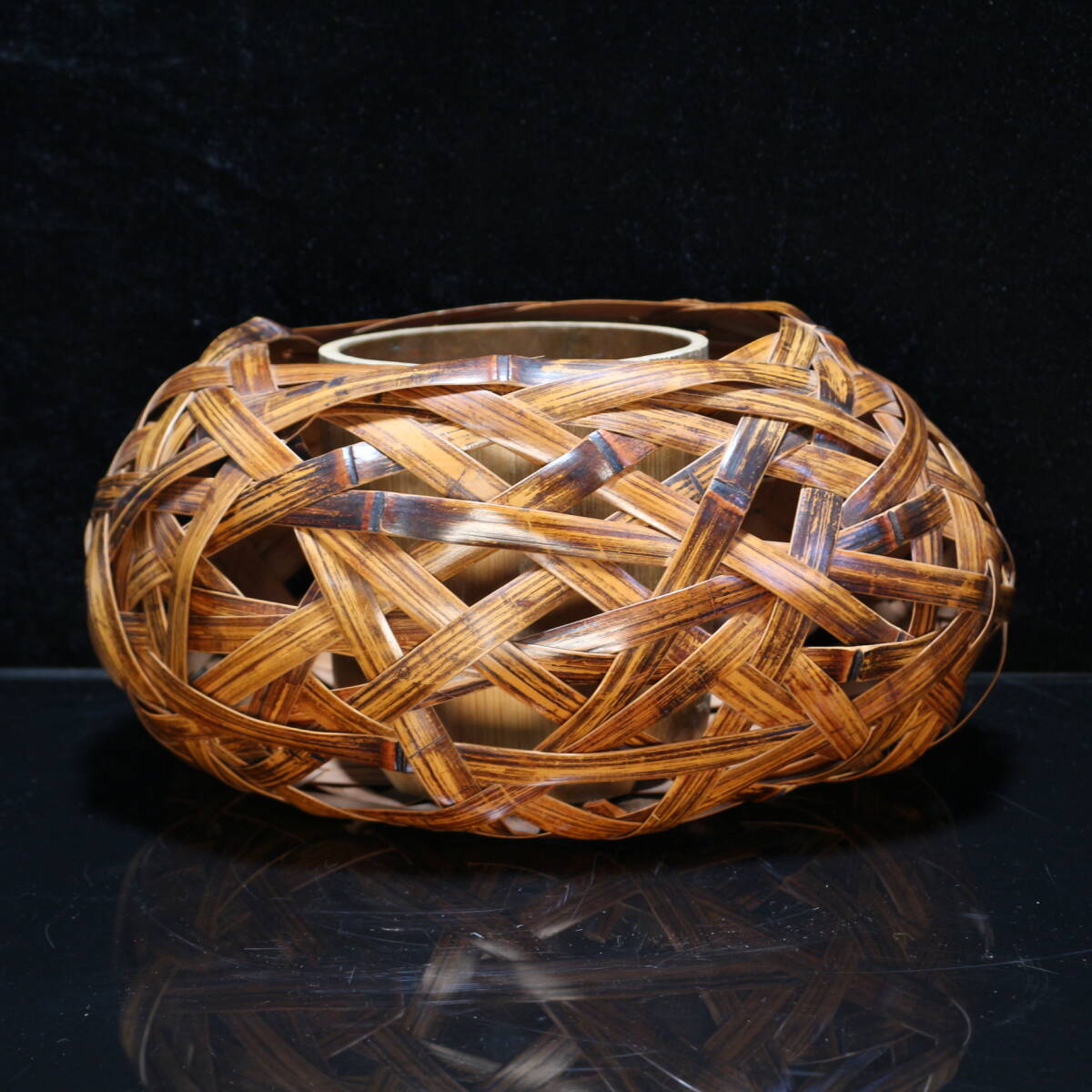 Japanese Bamboo Flower Basket by Soho, Signed, with Inner Vessel, Ikebana