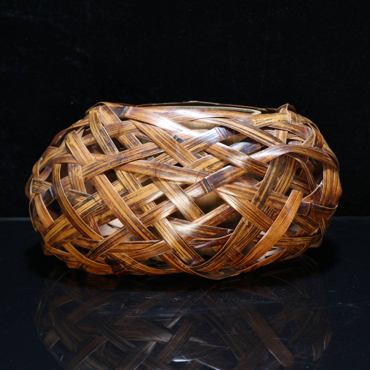 Japanese Bamboo Flower Basket by Soho, Signed, with Inner Vessel, Ikebana