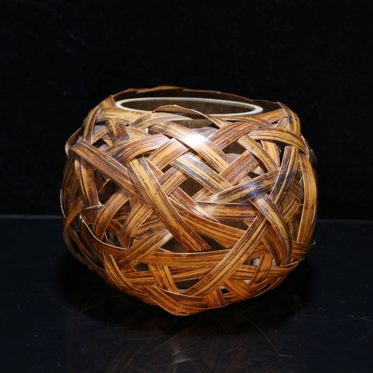 Japanese Bamboo Flower Basket by Soho, Signed, with Inner Vessel, Ikebana