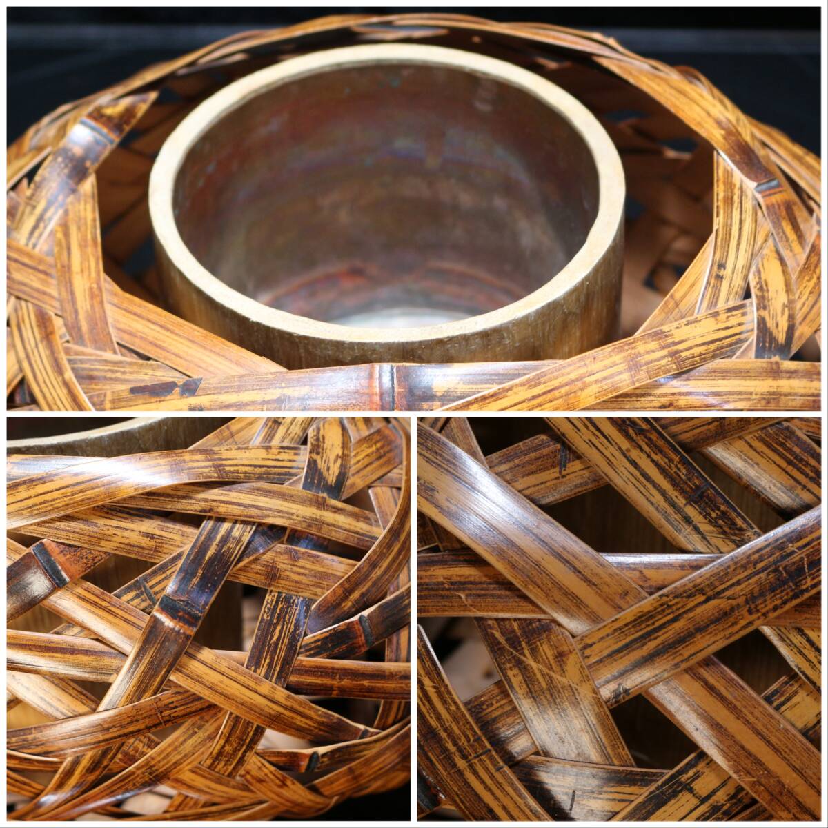 Japanese Bamboo Flower Basket by Soho, Signed, with Inner Vessel, Ikebana