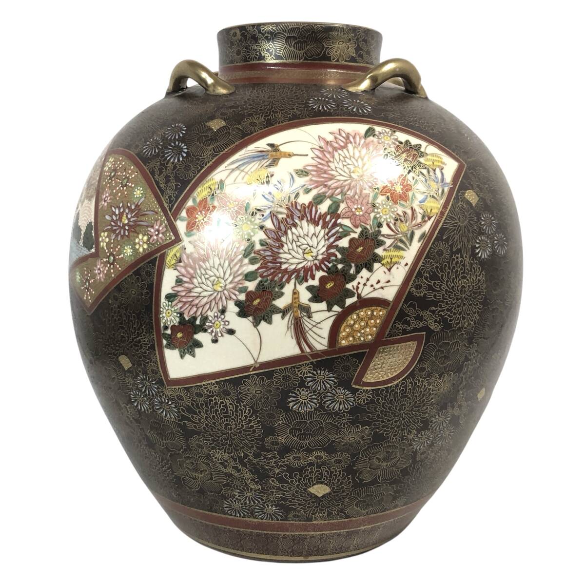Kutani Renzan Kinrande Large Vase with Fan Window Landscape, Gold Enamel, 33 cm