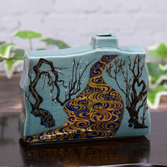 Kutani-yaki Ceramic Bud Vase, Korin Plum Design, Shozan Kiln, Made in Japan