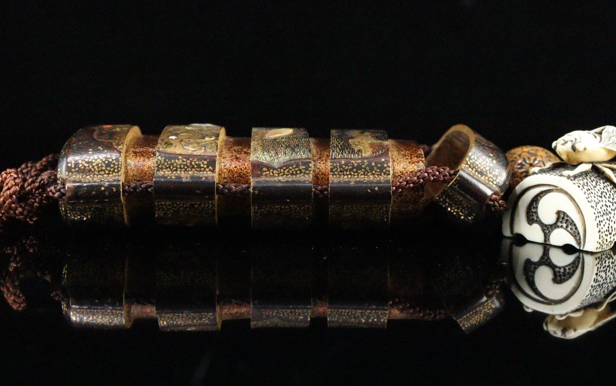 Edo Period Somada Inro with Gold Maki-e Landscape Bird Flower Raden Cicada Netsuke
