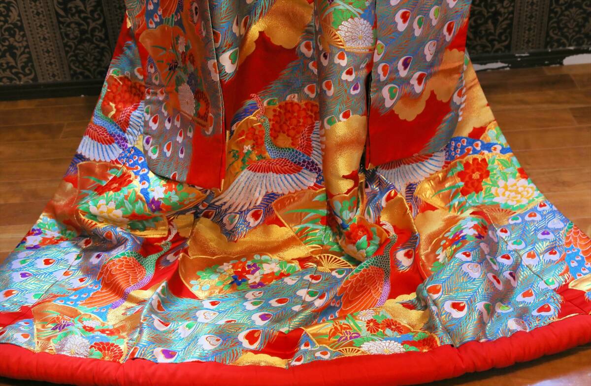 Iro-uchikake Japanese Bridal Kimono, Karaori Peacock Fan Floral, Vermilion Red
