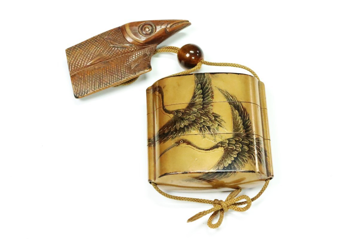 Edo Period Inro Three-Case Gold Maki-e Togidashi Crane Design with Wooden Fish Netsuke