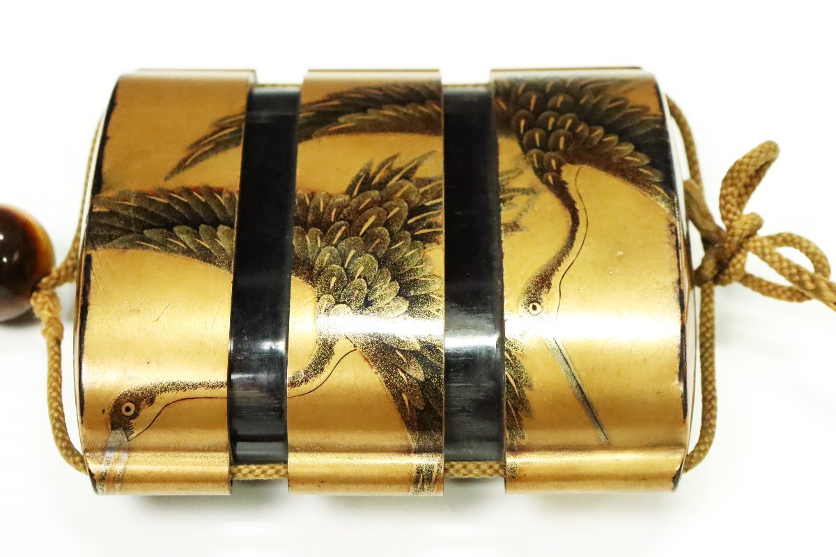 Edo Period Inro Three-Case Gold Maki-e Togidashi Crane Design with Wooden Fish Netsuke
