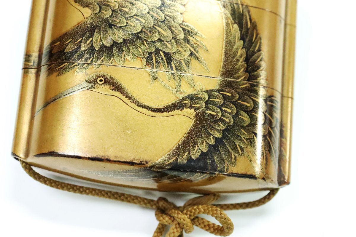 Edo Period Inro Three-Case Gold Maki-e Togidashi Crane Design with Wooden Fish Netsuke