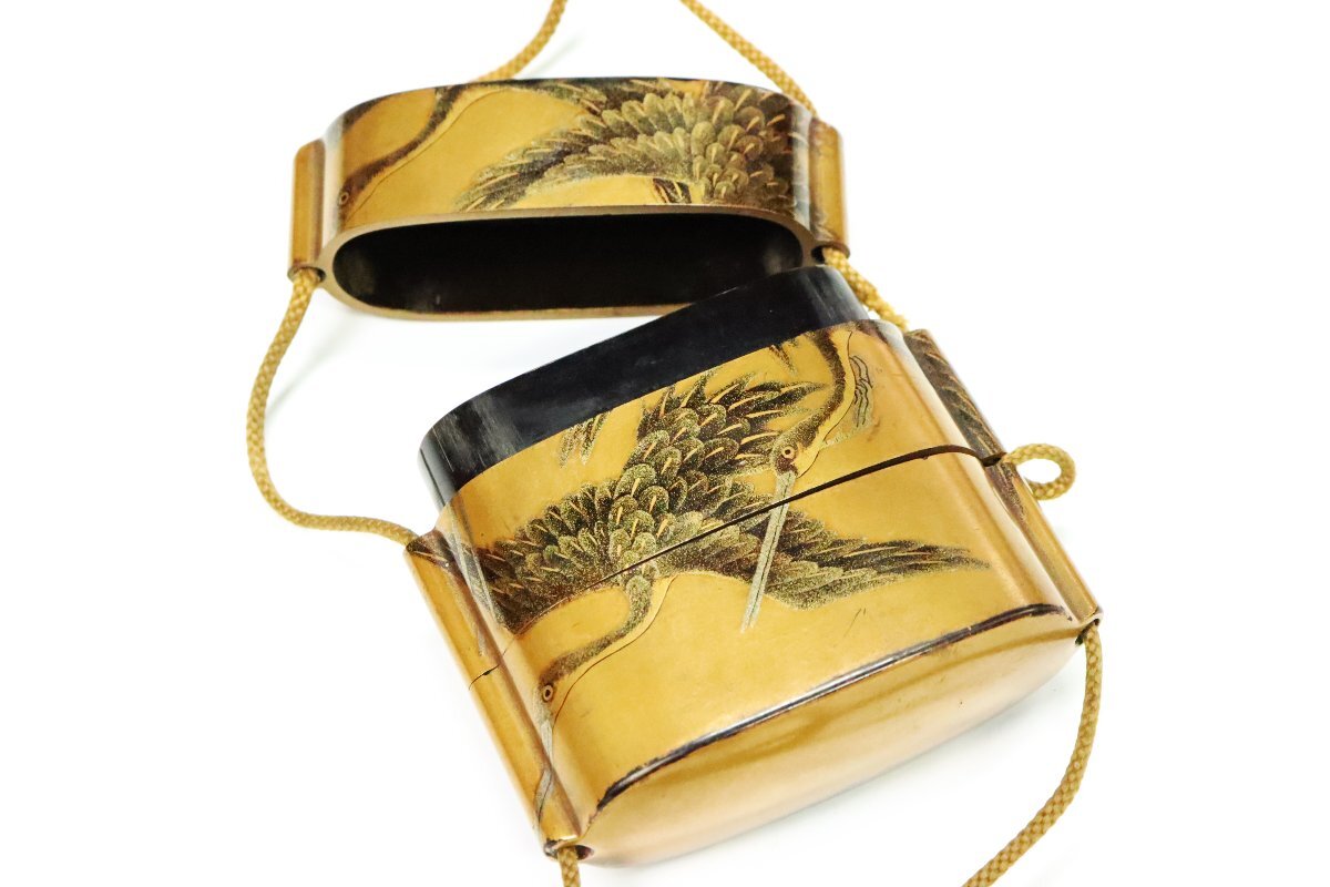 Edo Period Inro Three-Case Gold Maki-e Togidashi Crane Design with Wooden Fish Netsuke