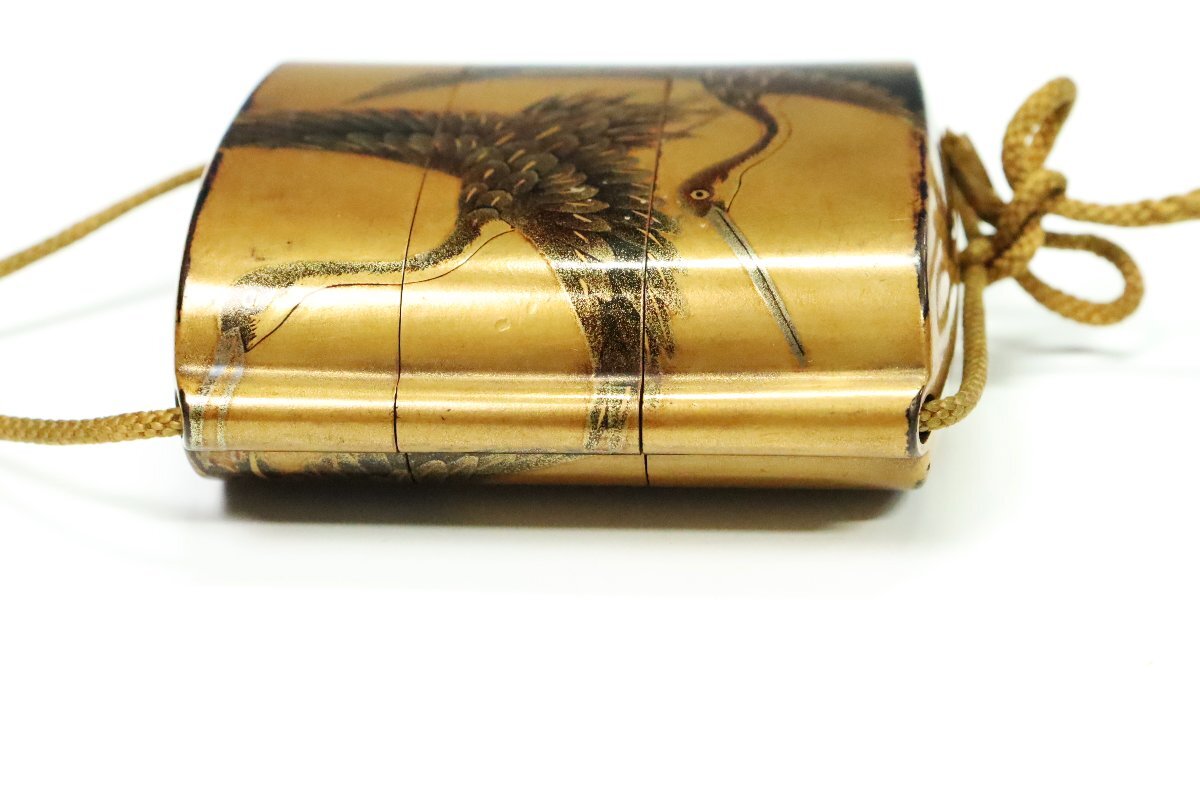 Edo Period Inro Three-Case Gold Maki-e Togidashi Crane Design with Wooden Fish Netsuke
