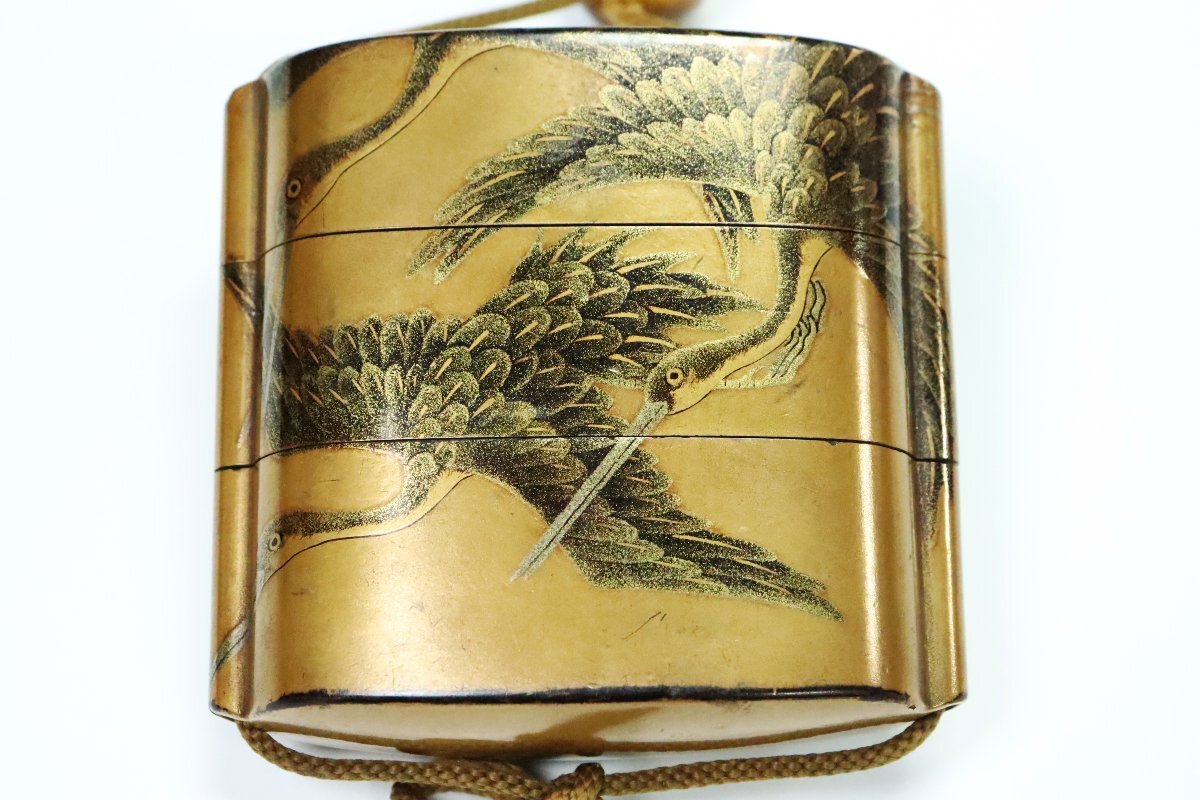 Edo Period Inro Three-Case Gold Maki-e Togidashi Crane Design with Wooden Fish Netsuke