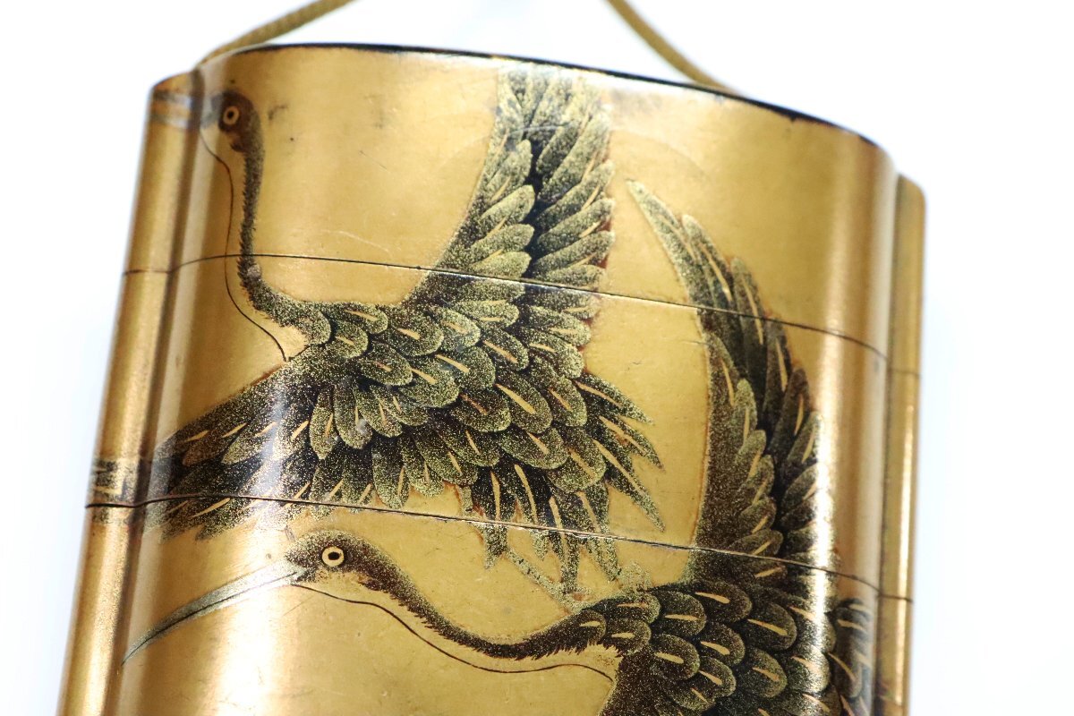 Edo Period Inro Three-Case Gold Maki-e Togidashi Crane Design with Wooden Fish Netsuke