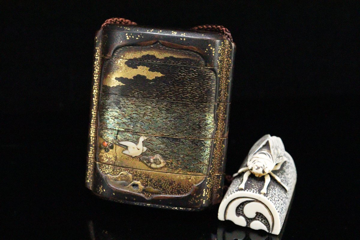 Edo Period Somada Inro with Gold Maki-e Landscape Bird Flower Raden Cicada Netsuke