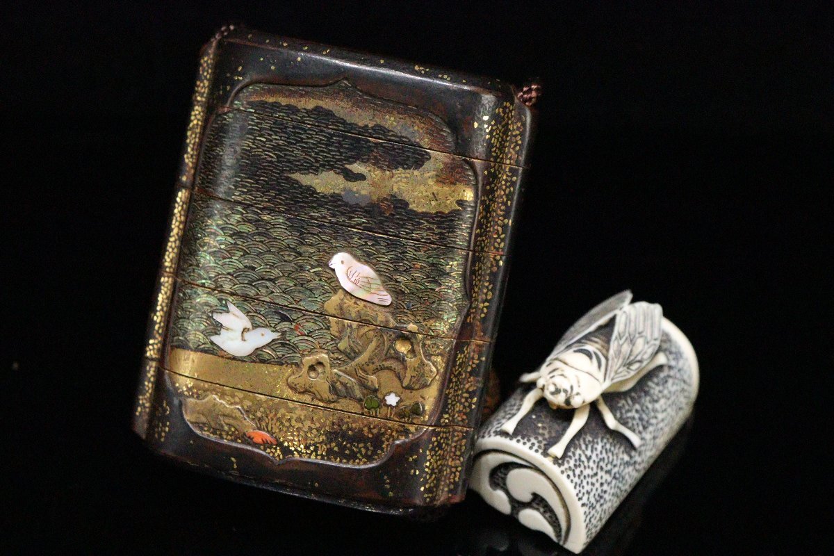 Edo Period Somada Inro with Gold Maki-e Landscape Bird Flower Raden Cicada Netsuke