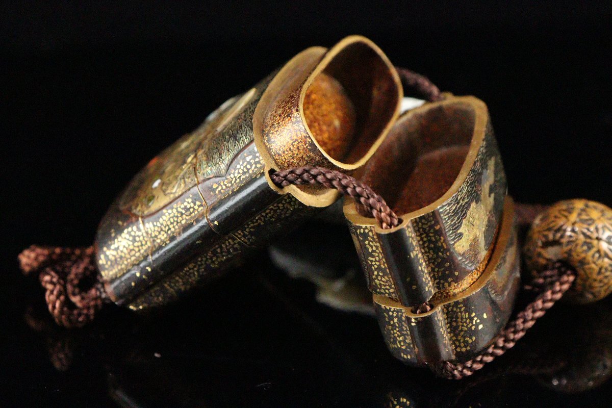 Edo Period Somada Inro with Gold Maki-e Landscape Bird Flower Raden Cicada Netsuke