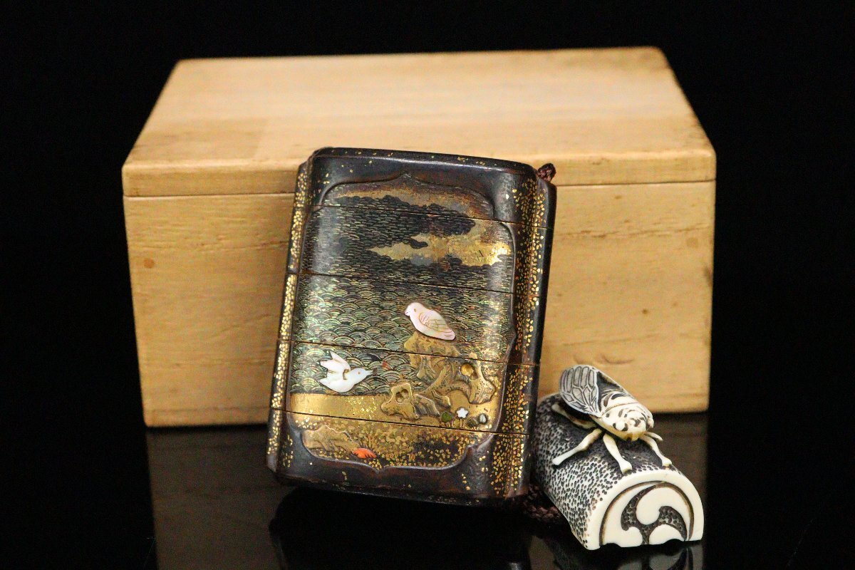 Edo Period Somada Inro with Gold Maki-e Landscape Bird Flower Raden Cicada Netsuke