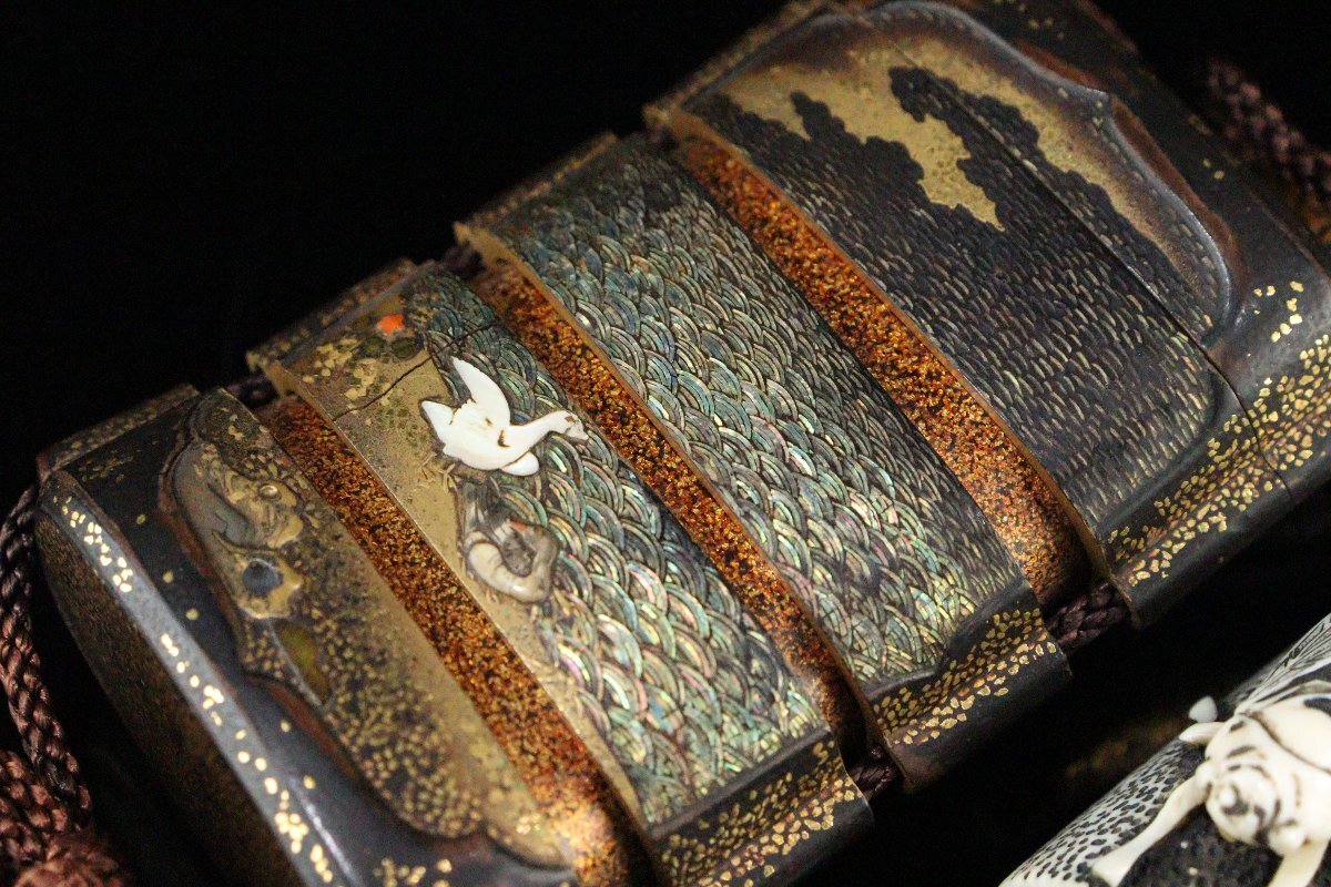 Edo Period Somada Inro with Gold Maki-e Landscape Bird Flower Raden Cicada Netsuke