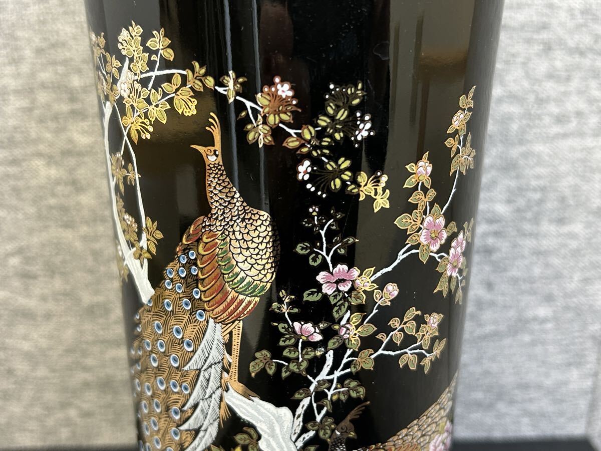 Kutani Ware Peacock Vase Black and Gold Flower Vessel Height 27 cm