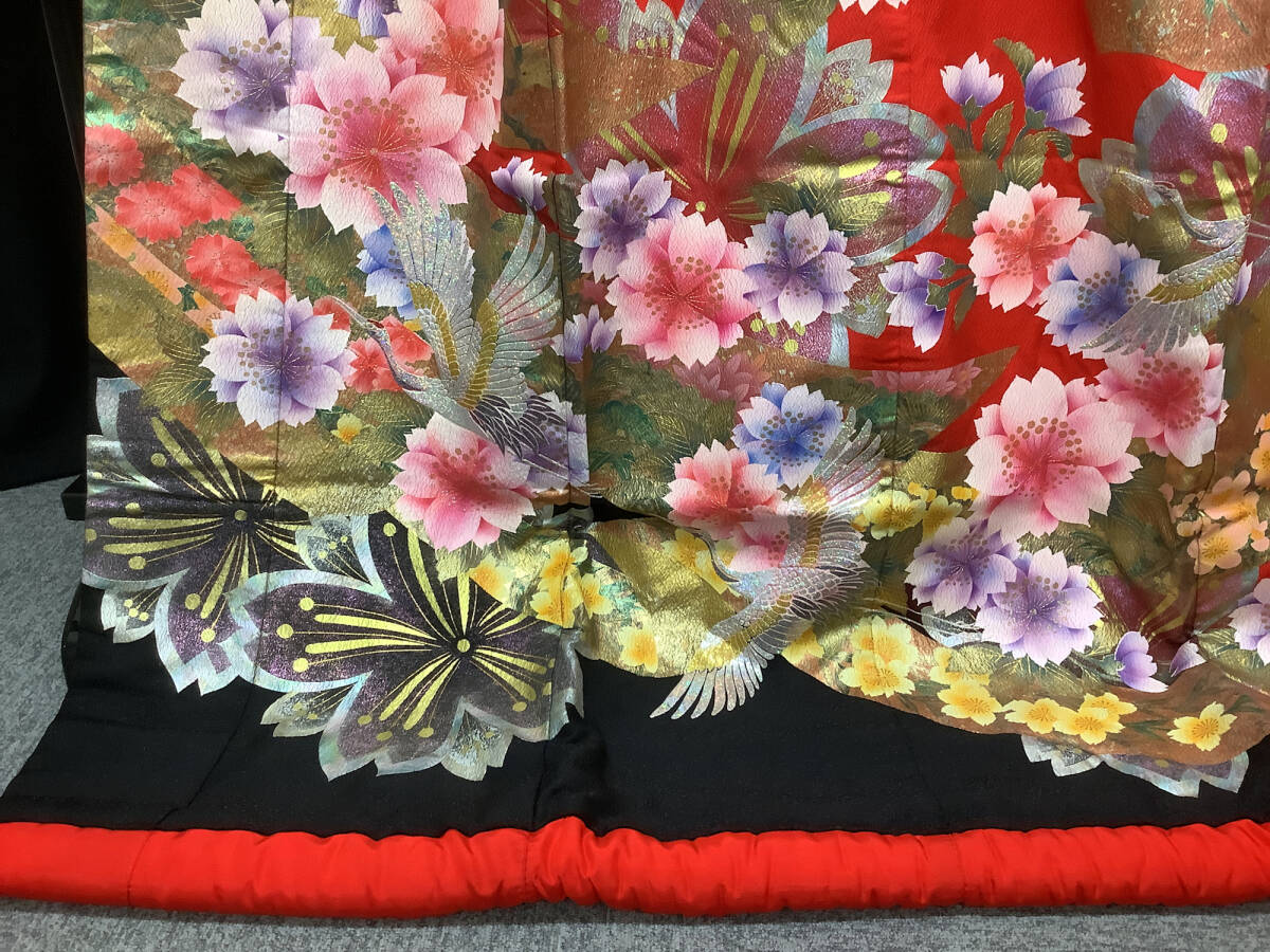 Uchikake Silk Yuzen Wedding Kimono Red Chirimen Gold-Leaf Noshime Cranes