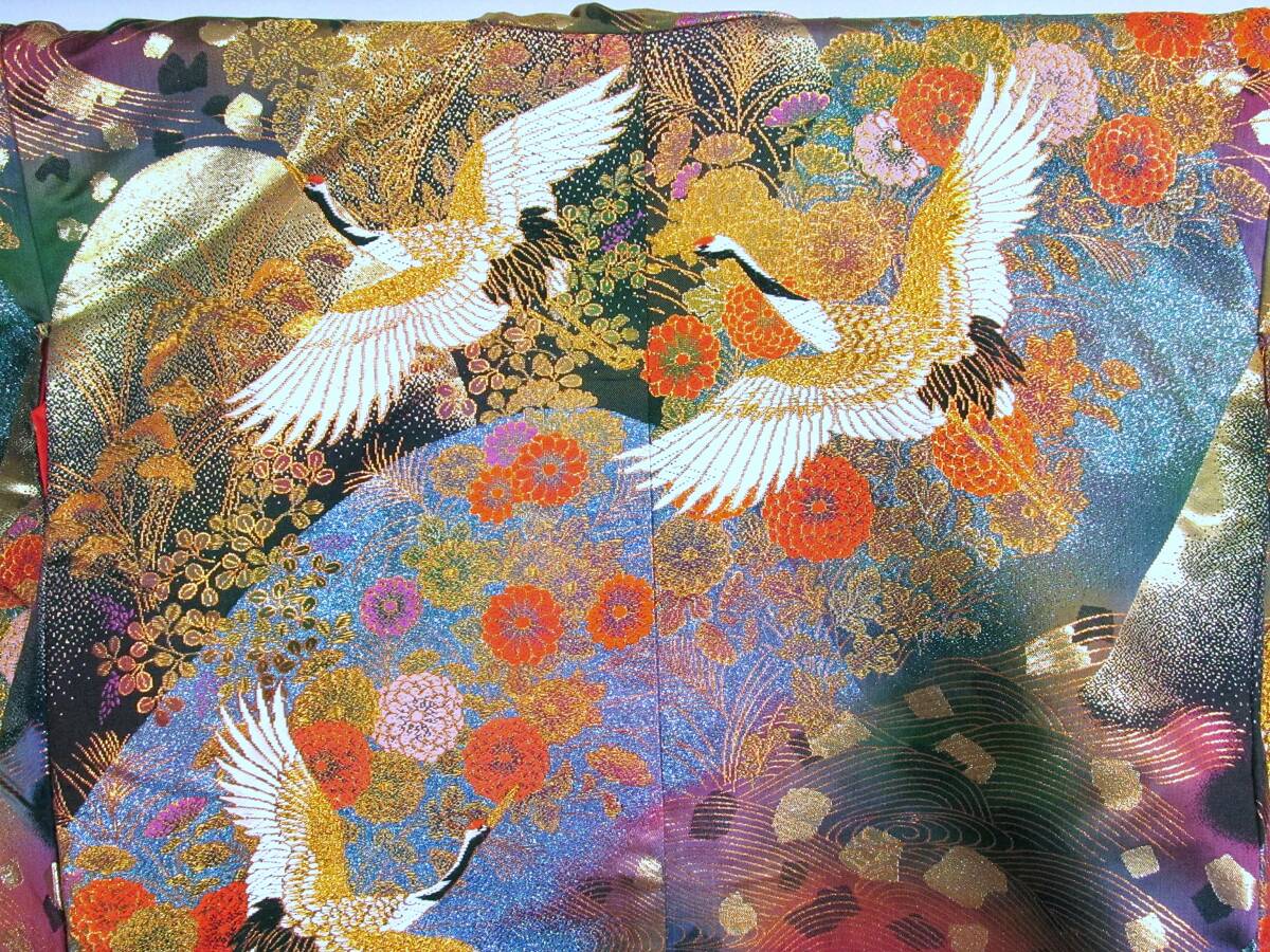 Iro-Uchikake Silk Wedding Kimono with Cranes and Distant Mountain Range and Floral Motif
