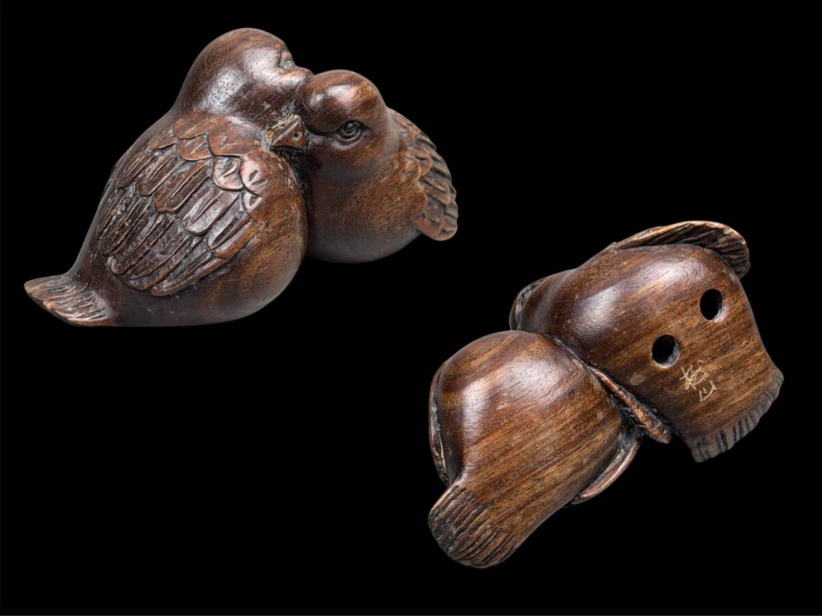 Edo Period Antique Netsuke Two Birds Wood Carving Signed Matsuyama Sagemono