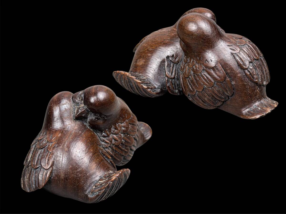 Edo Period Antique Netsuke Two Birds Wood Carving Signed Matsuyama Sagemono