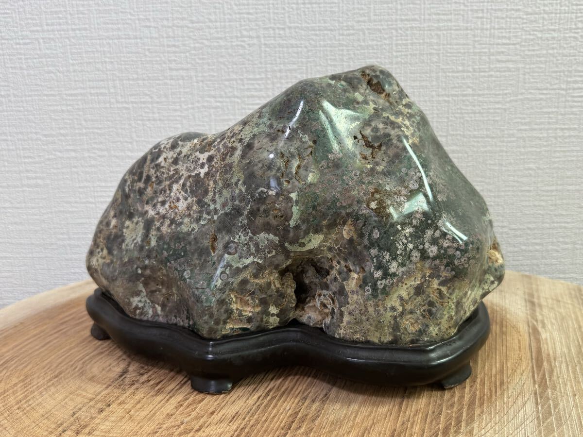Oga Aoishi Suiseki Viewing Stone from Akita, Blue-Green Jasper with Wood Stand