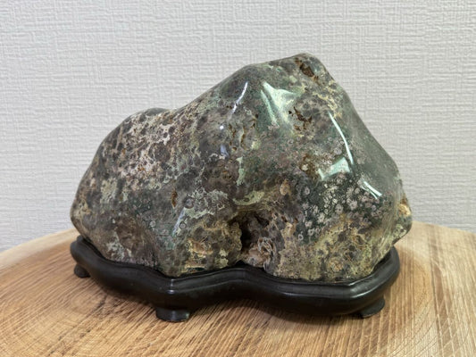 Oga Aoishi Suiseki Viewing Stone from Akita, Blue-Green Jasper with Wood Stand