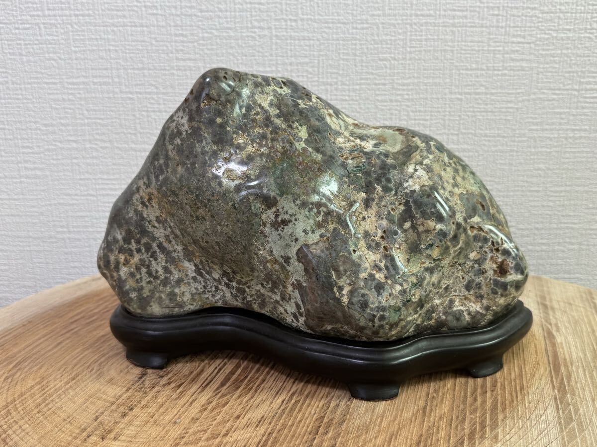 Oga Aoishi Suiseki Viewing Stone from Akita, Blue-Green Jasper with Wood Stand