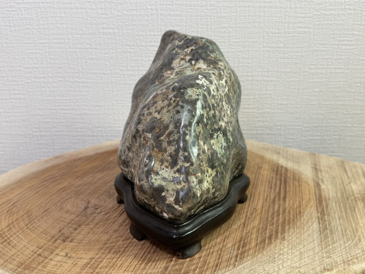 Oga Aoishi Suiseki Viewing Stone from Akita, Blue-Green Jasper with Wood Stand