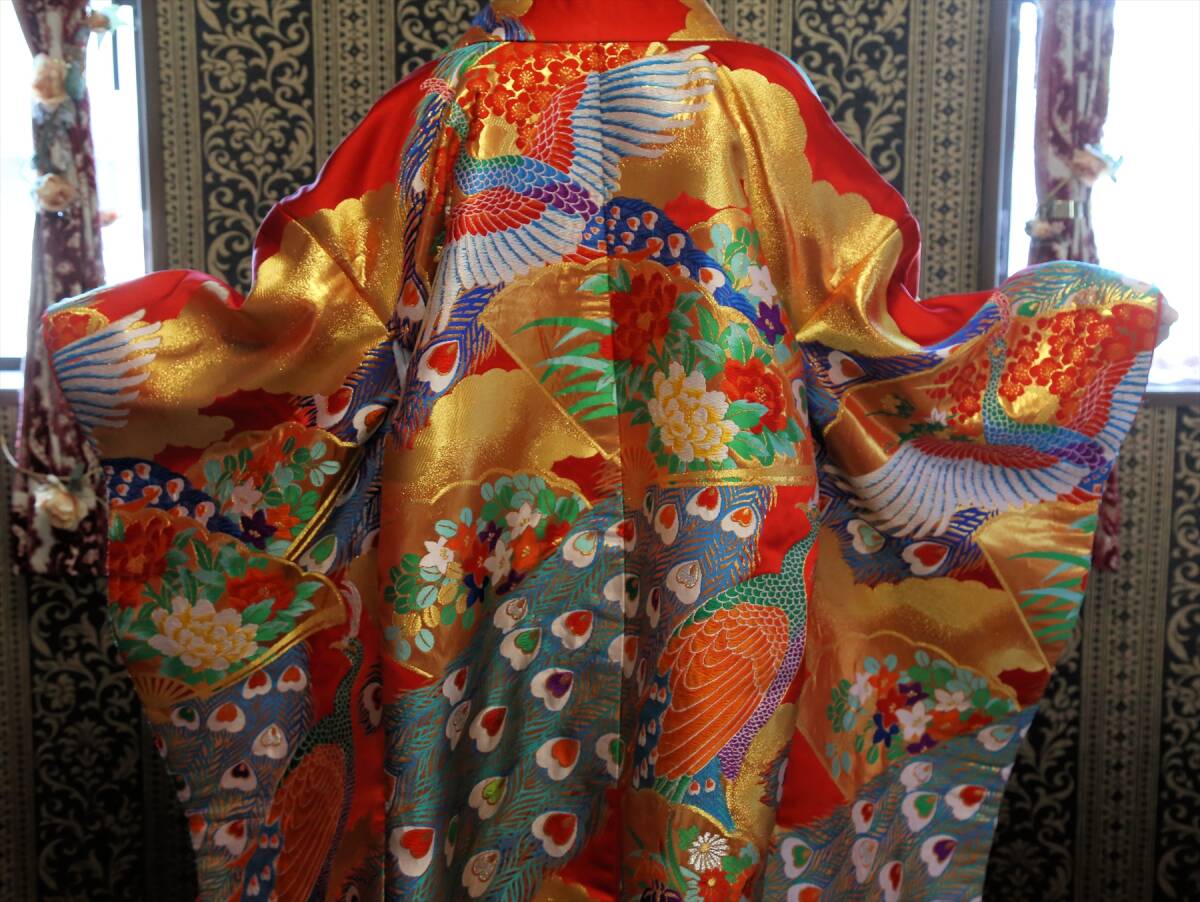 Iro-uchikake Japanese Bridal Kimono, Karaori Peacock Fan Floral, Vermilion Red