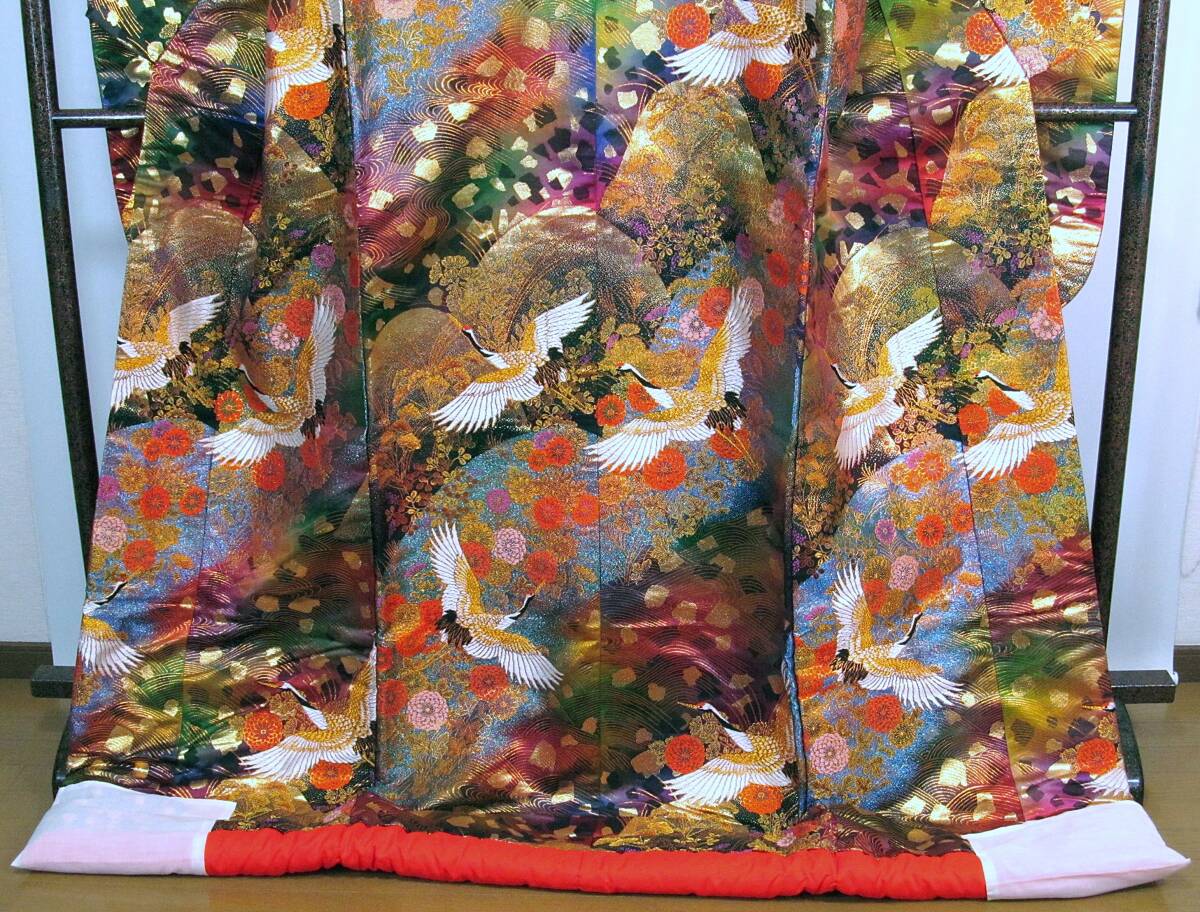 Iro-Uchikake Silk Wedding Kimono with Cranes and Distant Mountain Range and Floral Motif