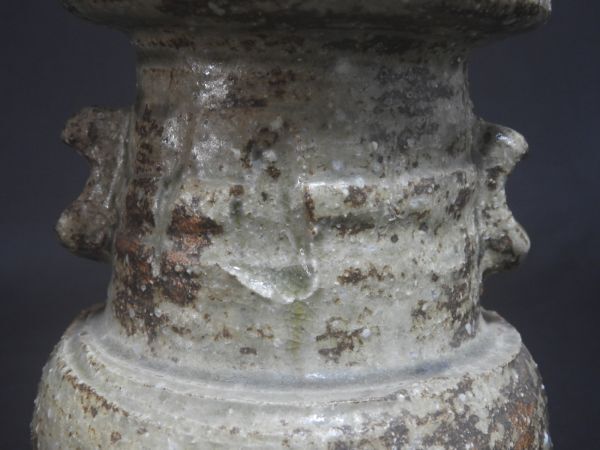 Shigaraki-yaki Ceramic Flower Vase with Ear Handles and Stamped Mark