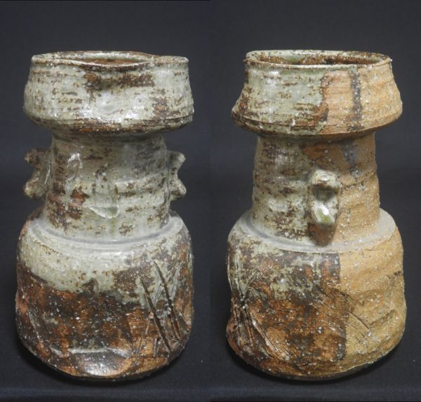 Shigaraki-yaki Ceramic Flower Vase with Ear Handles and Stamped Mark