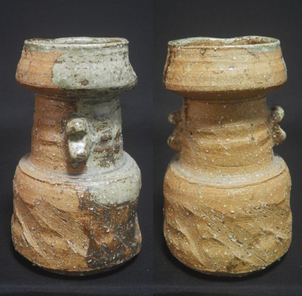 Shigaraki-yaki Ceramic Flower Vase with Ear Handles and Stamped Mark