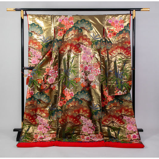 Torii Yuki Uchikake Bridal Kimono Gold Ground Pine Bamboo Plum Silk Signed