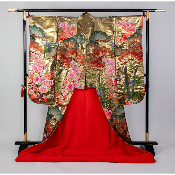 Torii Yuki Uchikake Bridal Kimono Gold Ground Pine Bamboo Plum Silk Signed