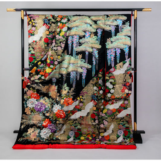 Japanese Wedding Uchikake Bridal Kimono Black Silk Pine Wisteria Crane Motif