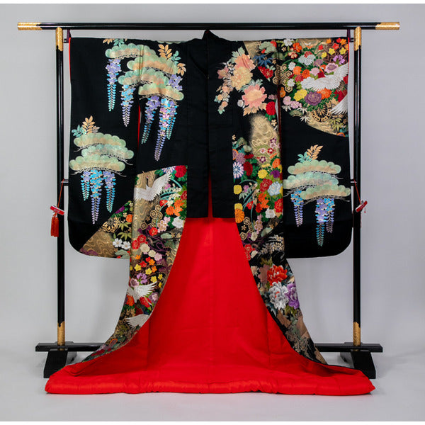 Japanese Wedding Uchikake Bridal Kimono Black Silk Pine Wisteria Crane Motif