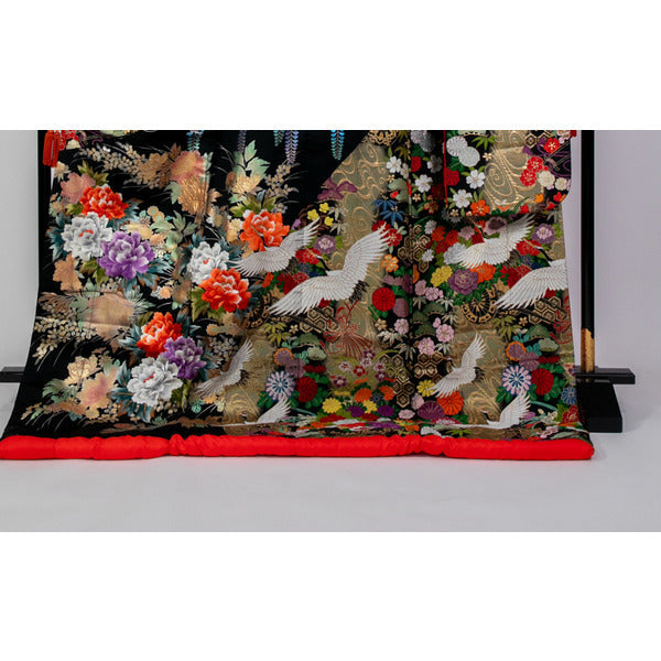 Japanese Wedding Uchikake Bridal Kimono Black Silk Pine Wisteria Crane Motif