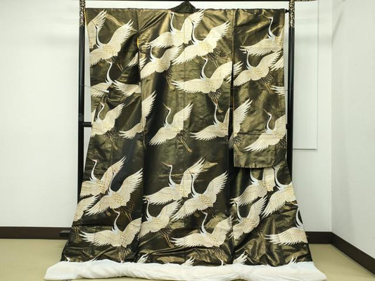 Kawashima Orimono Nishijin Uchikake Bridal Kimono Karaori Crane Motif Black Gold