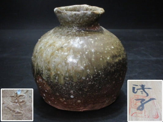 Kiyoko Koyama Shigaraki Natural Ash-Glaze Small Jar Tsubo with Signed Wood Box