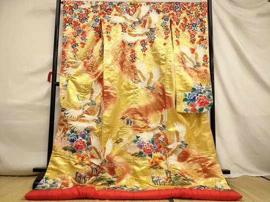 Iro-Uchikake Bridal Wedding Kimono Silk Full Embroidery Cranes Weeping Flowers