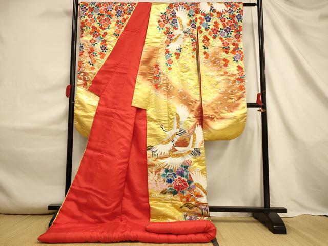Iro-Uchikake Bridal Wedding Kimono Silk Full Embroidery Cranes Weeping Flowers