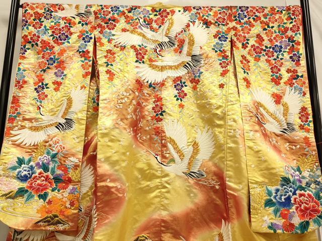 Iro-Uchikake Bridal Wedding Kimono Silk Full Embroidery Cranes Weeping Flowers