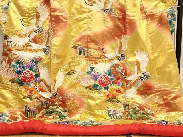 Iro-Uchikake Bridal Wedding Kimono Silk Full Embroidery Cranes Weeping Flowers