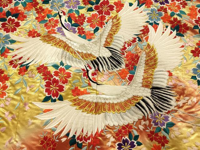 Iro-Uchikake Bridal Wedding Kimono Silk Full Embroidery Cranes Weeping Flowers