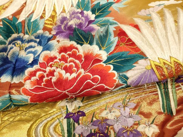 Iro-Uchikake Bridal Wedding Kimono Silk Full Embroidery Cranes Weeping Flowers