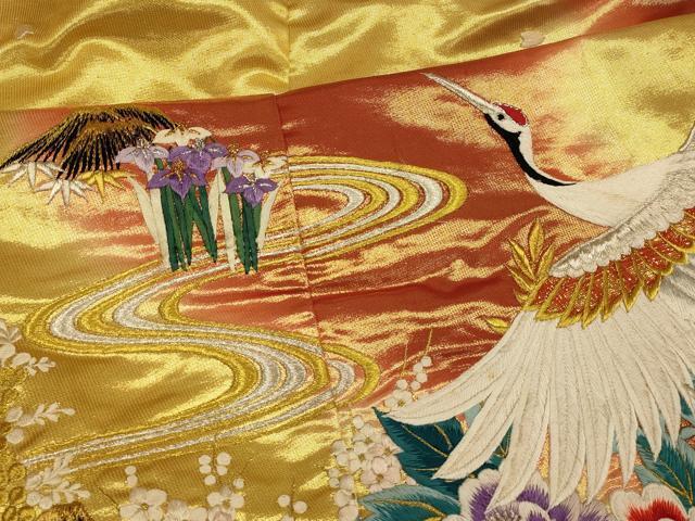 Iro-Uchikake Bridal Wedding Kimono Silk Full Embroidery Cranes Weeping Flowers